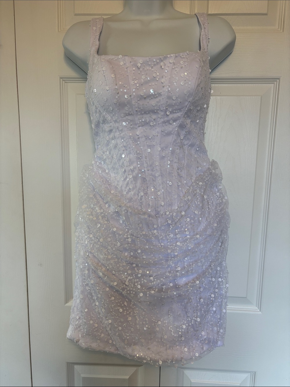 NWT White Sequined & Beaded Corset Mini Dress with Lace-Up Back - Size 2.